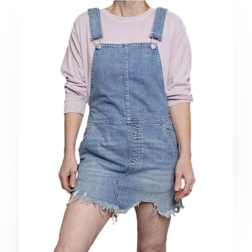 Free People Denim Mini Overalls Dress Distressed